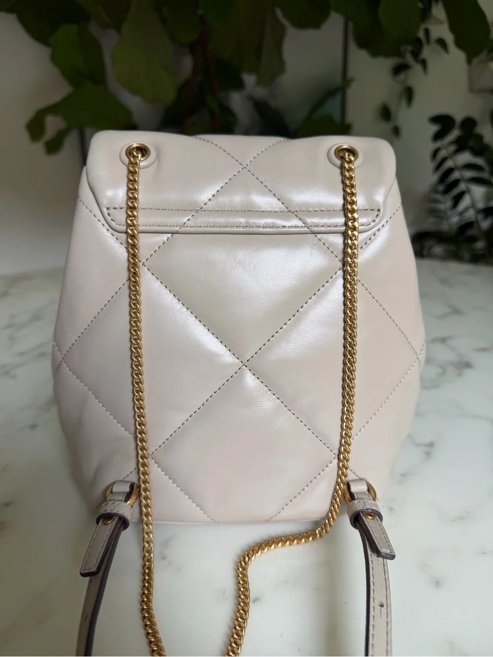 Tory Burch Mini Kira Diamond Quilt Backpack Light Stone Leather